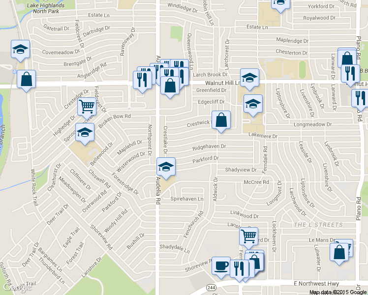 map of restaurants, bars, coffee shops, grocery stores, and more near 9835 Ridgehaven Dr in Dallas