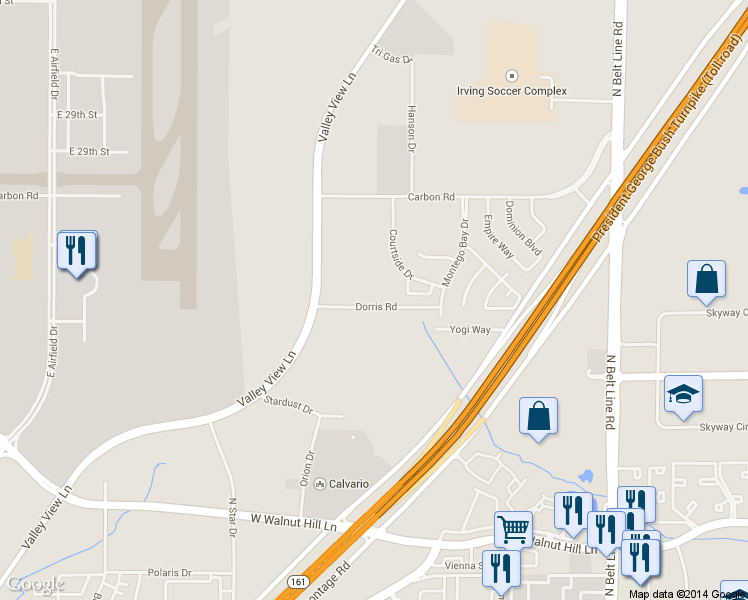 map of restaurants, bars, coffee shops, grocery stores, and more near 4041 Dorris Rd in Irving