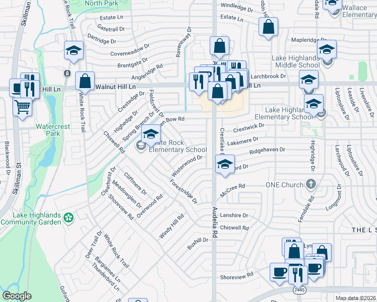 map of restaurants, bars, coffee shops, grocery stores, and more near 9754 Maplehill Drive in Dallas
