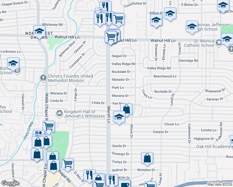 map of restaurants, bars, coffee shops, grocery stores, and more near 3729 Manana Drive in Dallas