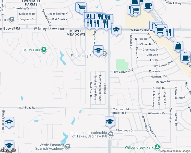 map of restaurants, bars, coffee shops, grocery stores, and more near 8208 Smokey Creek Pass in Fort Worth