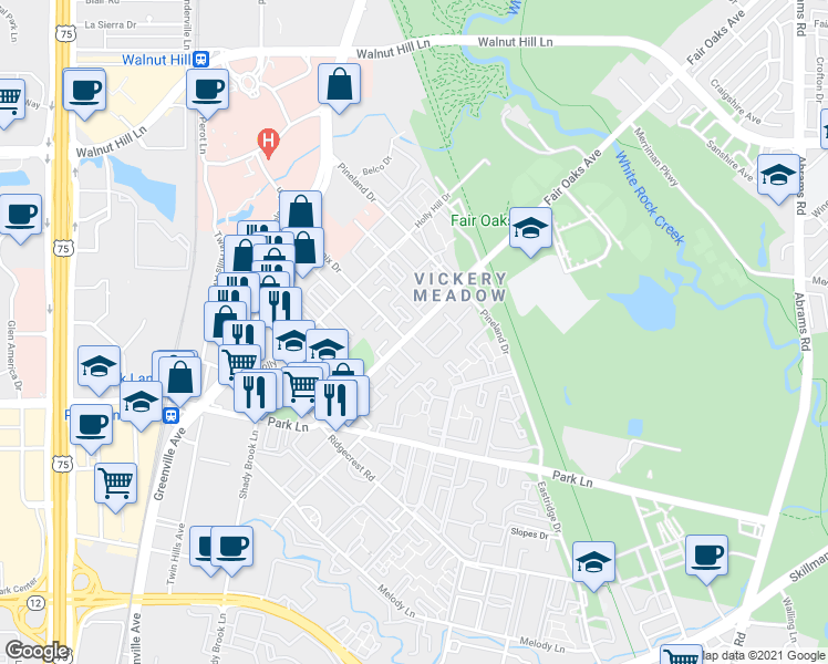 map of restaurants, bars, coffee shops, grocery stores, and more near 7220 Fair Oaks Avenue in Dallas