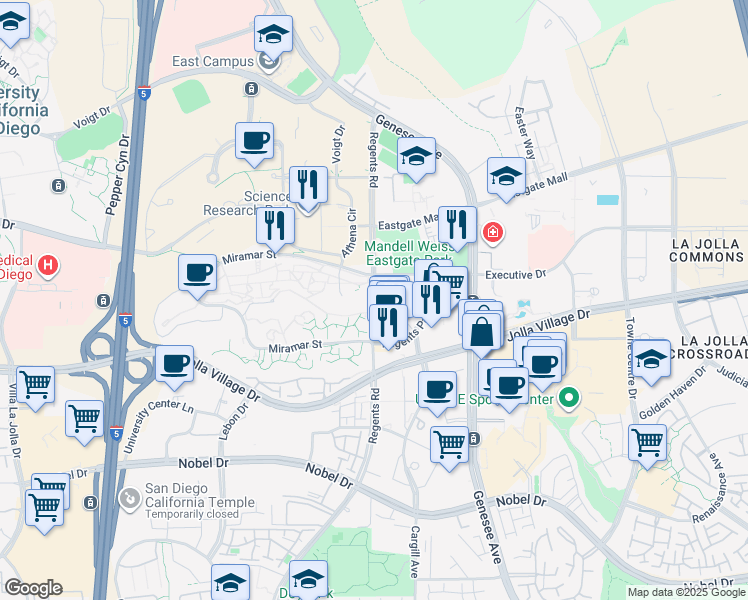 map of restaurants, bars, coffee shops, grocery stores, and more near 4067 La Jolla Village Drive in San Diego
