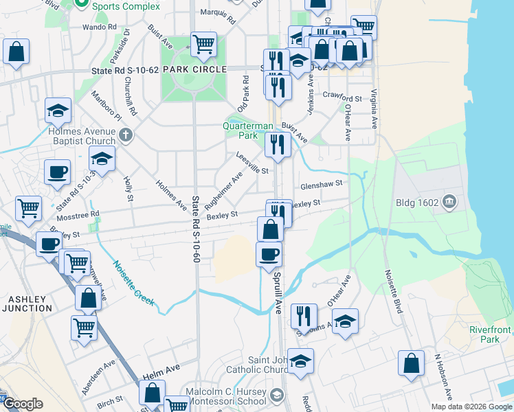 map of restaurants, bars, coffee shops, grocery stores, and more near 1122 Bexley Street in North Charleston
