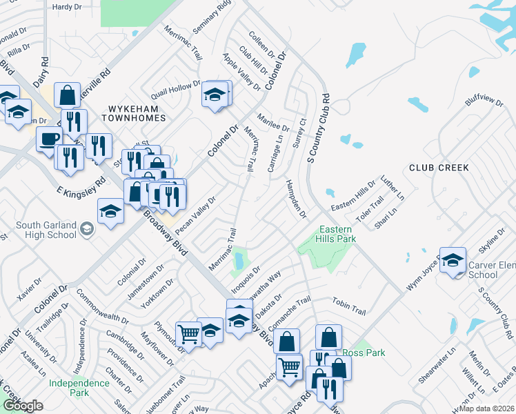 map of restaurants, bars, coffee shops, grocery stores, and more near 1304 Carriage Ln in Garland