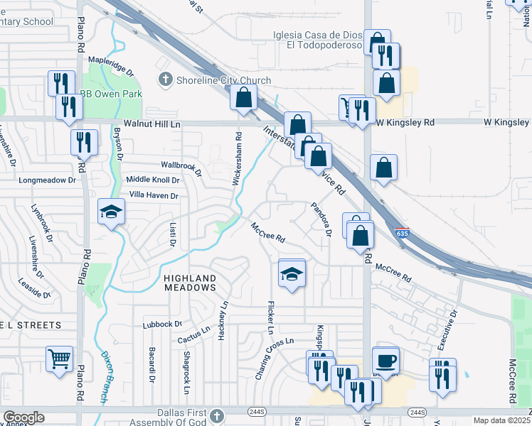 map of restaurants, bars, coffee shops, grocery stores, and more near 11217 McCree Road in Dallas