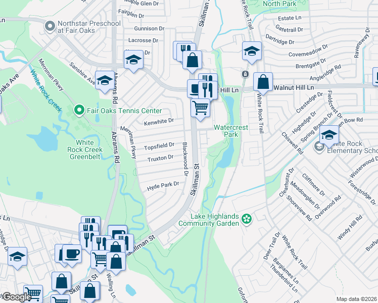map of restaurants, bars, coffee shops, grocery stores, and more near 7030 Blackwood Drive in Dallas