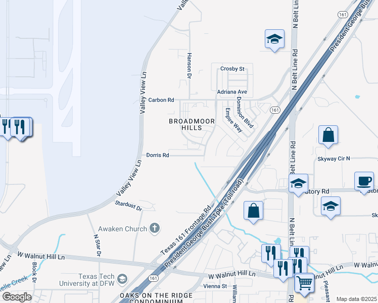 map of restaurants, bars, coffee shops, grocery stores, and more near 4017 Dorris Road in Irving