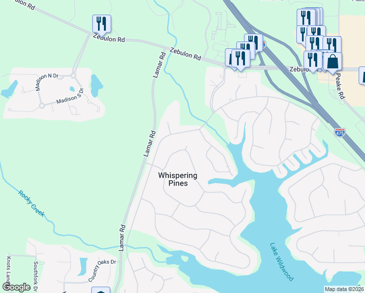 map of restaurants, bars, coffee shops, grocery stores, and more near 488 Loblolly Circle in Macon