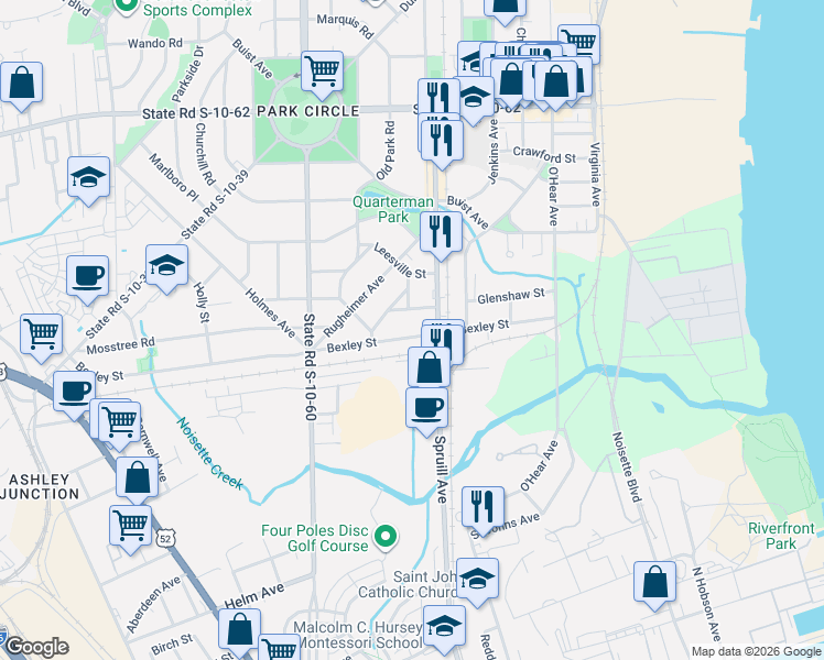 map of restaurants, bars, coffee shops, grocery stores, and more near 1122 Bexley Street in North Charleston