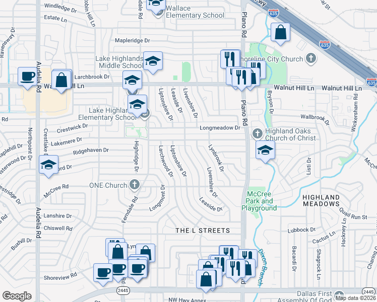 map of restaurants, bars, coffee shops, grocery stores, and more near 9304 Leaside Drive in Dallas