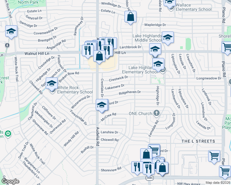 map of restaurants, bars, coffee shops, grocery stores, and more near 9835 Ridgehaven Drive in Dallas