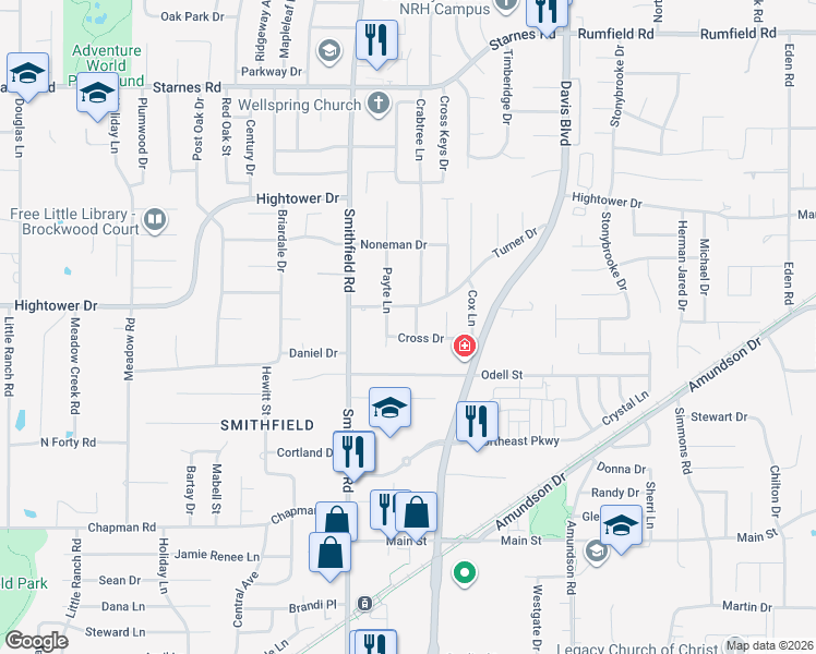 map of restaurants, bars, coffee shops, grocery stores, and more near 6950 Crabtree Lane in Fort Worth