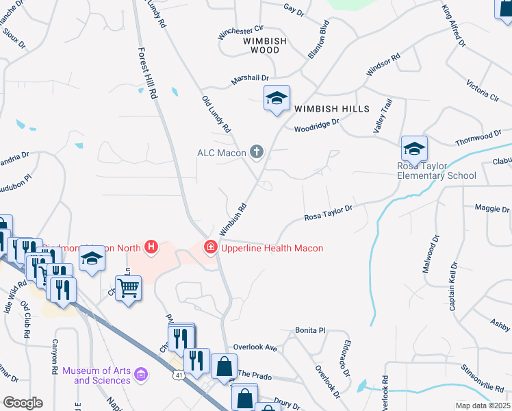 map of restaurants, bars, coffee shops, grocery stores, and more near 565 Wimbish Road in Macon