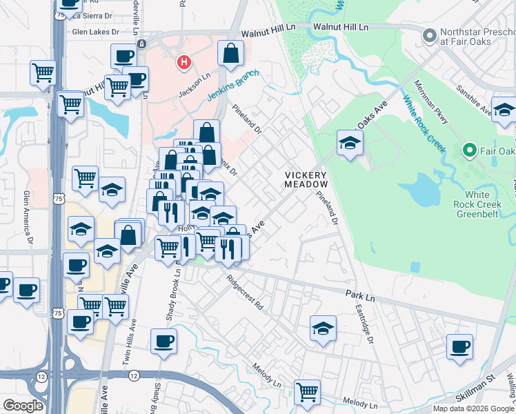 map of restaurants, bars, coffee shops, grocery stores, and more near 7175 Fair Oaks Avenue in Dallas