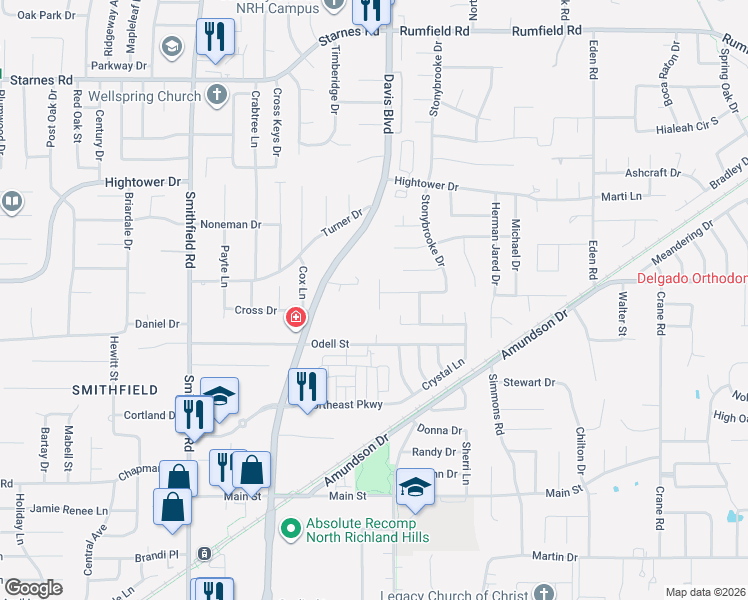 map of restaurants, bars, coffee shops, grocery stores, and more near 7005 Stephanie Court in North Richland Hills