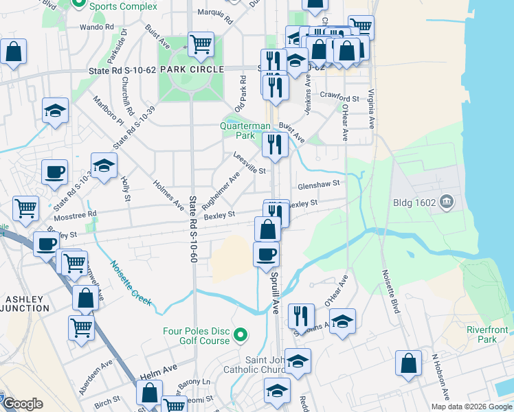 map of restaurants, bars, coffee shops, grocery stores, and more near 1122 Bexley Street in North Charleston