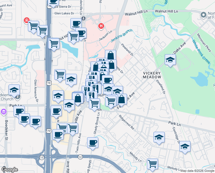 map of restaurants, bars, coffee shops, grocery stores, and more near 7031 Holly Hill Drive in Dallas