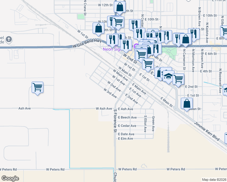 map of restaurants, bars, coffee shops, grocery stores, and more near 313 South Top and Bottom Street in Casa Grande