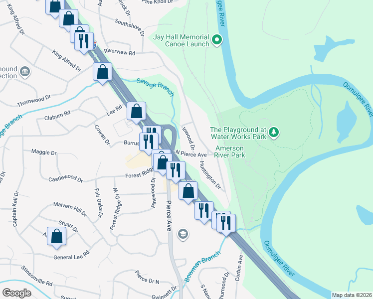 map of restaurants, bars, coffee shops, grocery stores, and more near 974 North Pierce Avenue in Macon