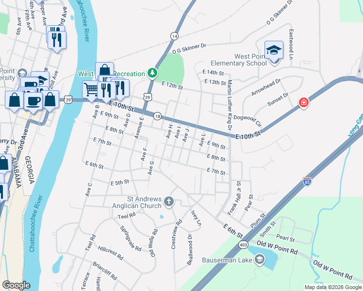 map of restaurants, bars, coffee shops, grocery stores, and more near 706 Avenue I in West Point