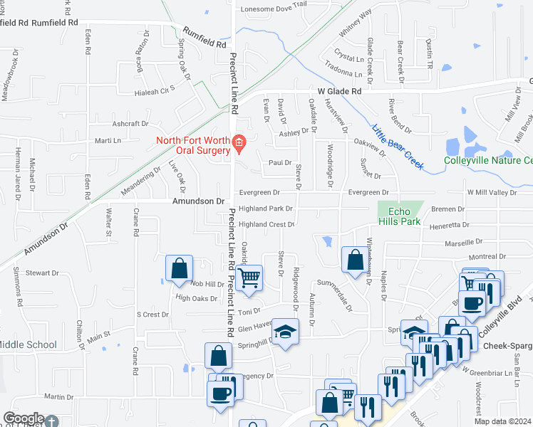 map of restaurants, bars, coffee shops, grocery stores, and more near 721 Highland Park Drive in Hurst