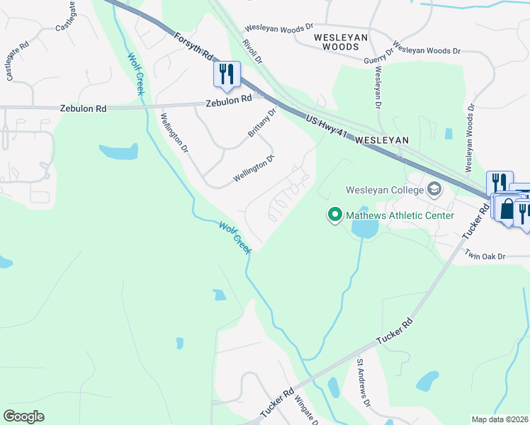 map of restaurants, bars, coffee shops, grocery stores, and more near 120 Covington Place in Macon