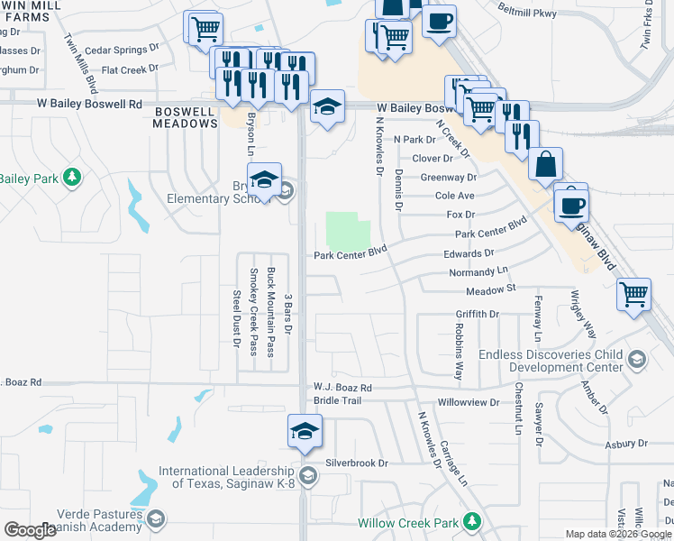 map of restaurants, bars, coffee shops, grocery stores, and more near 1040 Meadowview Drive in Saginaw
