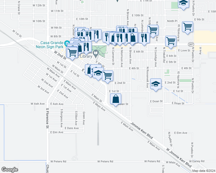 map of restaurants, bars, coffee shops, grocery stores, and more near 112 North Casa Grande Avenue in Casa Grande