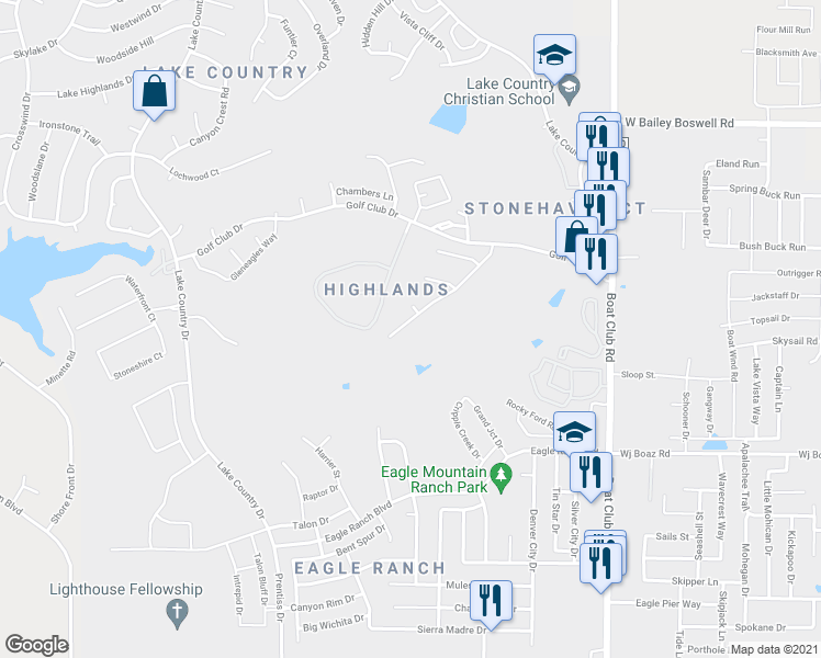 map of restaurants, bars, coffee shops, grocery stores, and more near 7609 Royal Troon Drive in Fort Worth