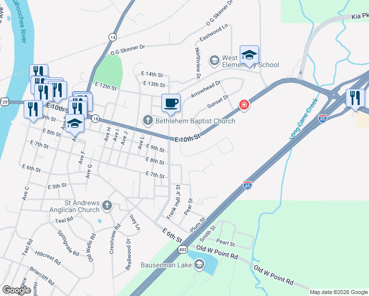 map of restaurants, bars, coffee shops, grocery stores, and more near 1401 Higgins Street in West Point