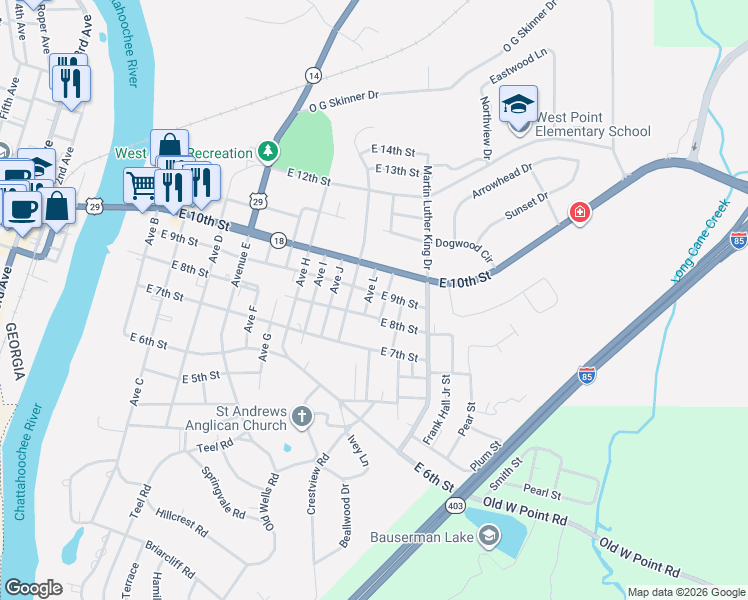 map of restaurants, bars, coffee shops, grocery stores, and more near 1202 East 9th Street in West Point