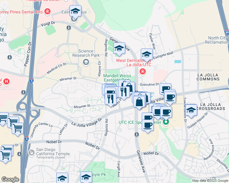 map of restaurants, bars, coffee shops, grocery stores, and more near 9253 Regents Road in San Diego