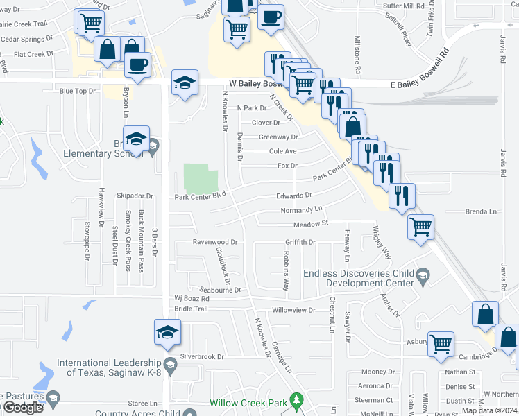 map of restaurants, bars, coffee shops, grocery stores, and more near 536 Normandy Lane in Saginaw