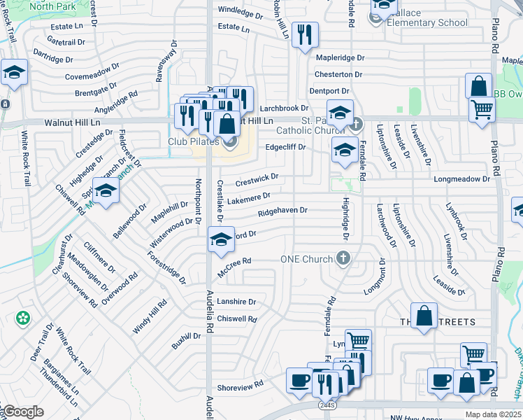 map of restaurants, bars, coffee shops, grocery stores, and more near 9920 Ridgehaven Drive in Dallas