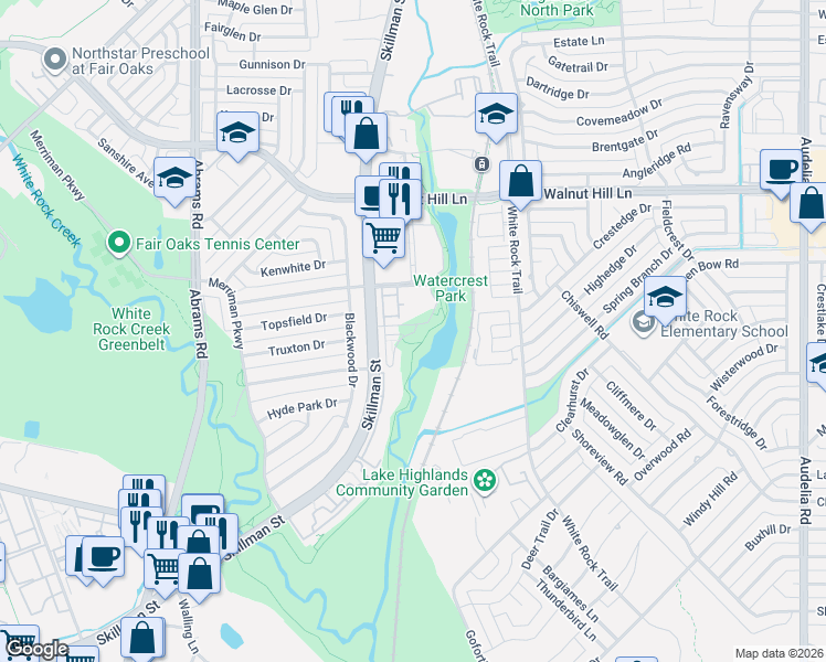 map of restaurants, bars, coffee shops, grocery stores, and more near 7056 Silverberry Street in Dallas
