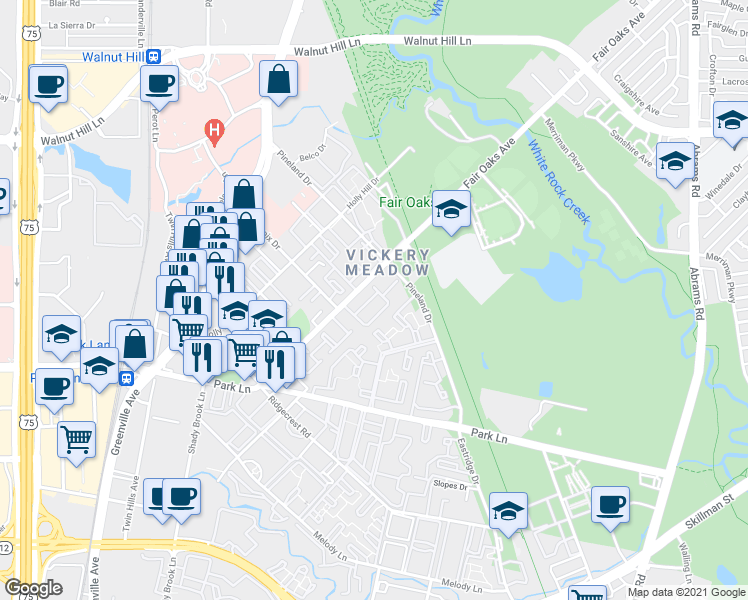 map of restaurants, bars, coffee shops, grocery stores, and more near 7220 Fair Oaks Avenue in Dallas