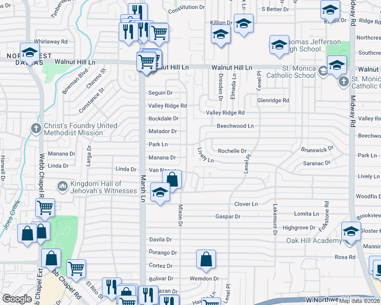 map of restaurants, bars, coffee shops, grocery stores, and more near 9830 Mixon Drive in Dallas