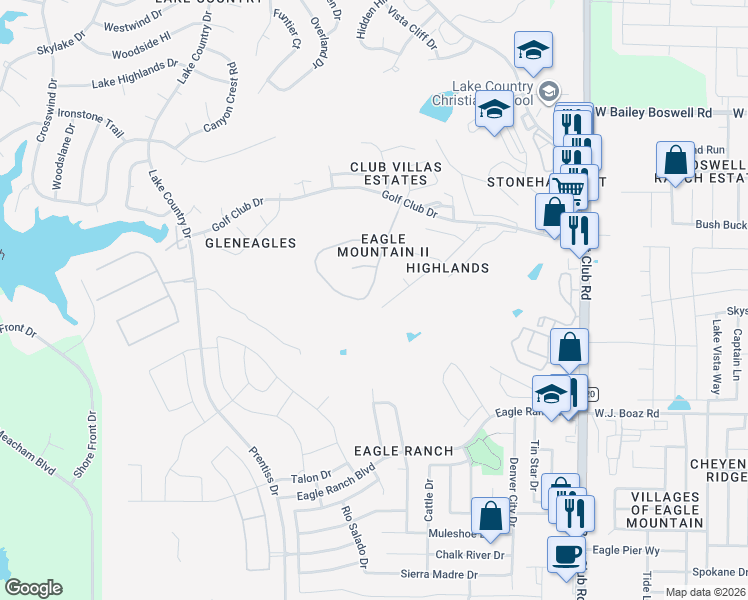 map of restaurants, bars, coffee shops, grocery stores, and more near 7525 Eagle Ridge Circle in Fort Worth