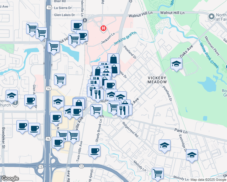 map of restaurants, bars, coffee shops, grocery stores, and more near 7043 Holly Hill Drive in Dallas