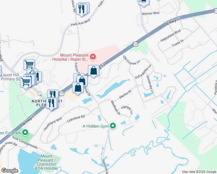 map of restaurants, bars, coffee shops, grocery stores, and more near 4032 Harleston Green Lane in Mount Pleasant