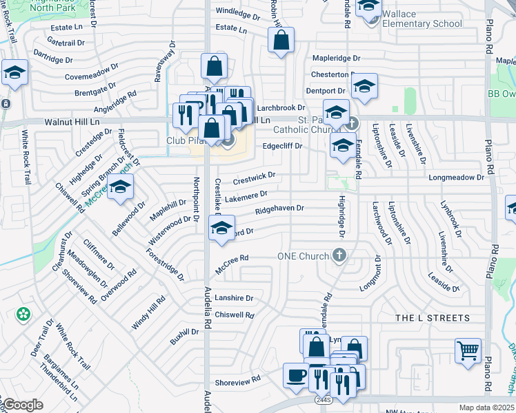 map of restaurants, bars, coffee shops, grocery stores, and more near 9920 Ridgehaven Drive in Dallas