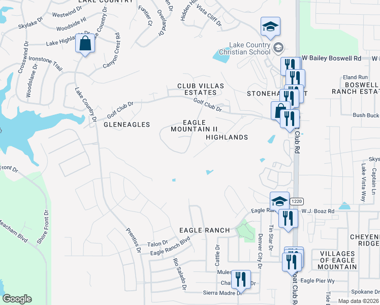 map of restaurants, bars, coffee shops, grocery stores, and more near 7525 Eagle Ridge Circle in Fort Worth