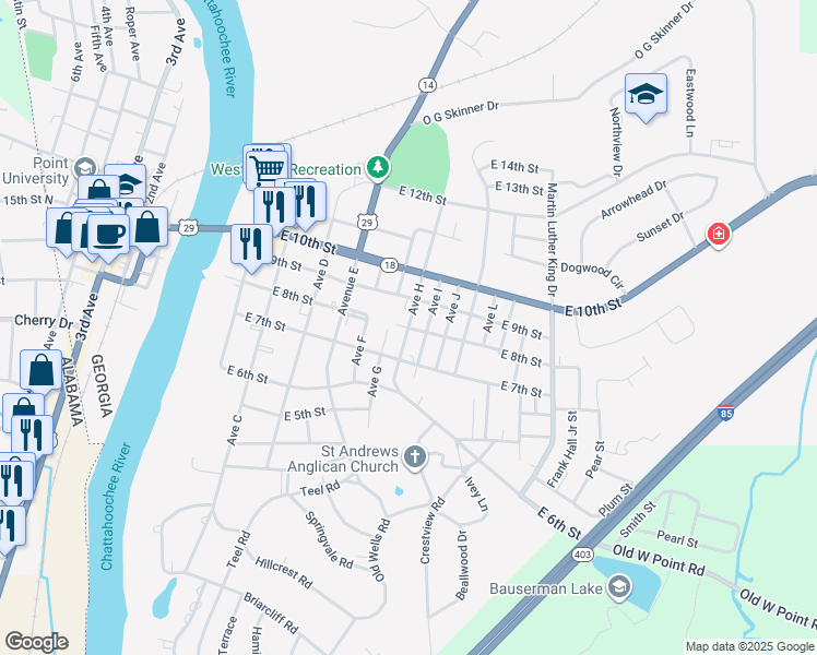 map of restaurants, bars, coffee shops, grocery stores, and more near 801 East 8th Street in West Point
