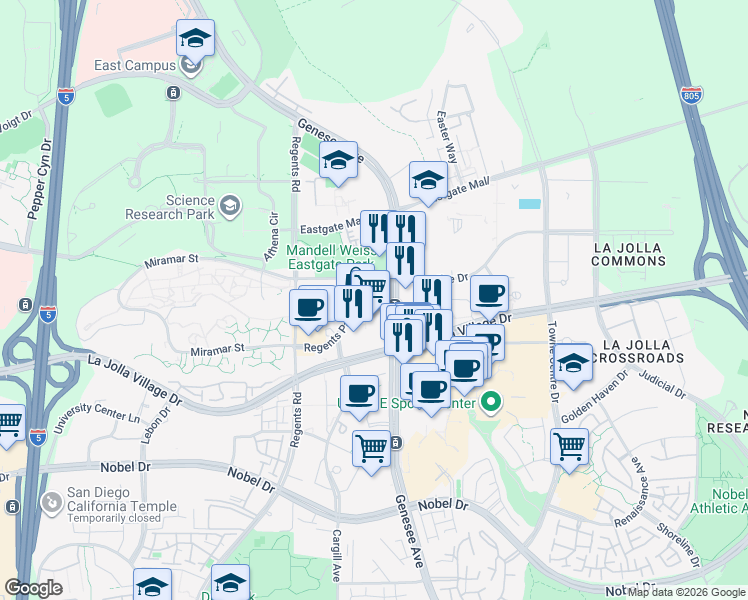 map of restaurants, bars, coffee shops, grocery stores, and more near 4250 Executive Square in San Diego