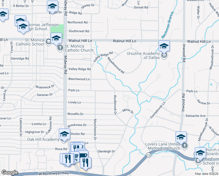 map of restaurants, bars, coffee shops, grocery stores, and more near 4545 Park Lane in Dallas