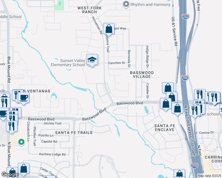 map of restaurants, bars, coffee shops, grocery stores, and more near 2301 Bernese Lane in Fort Worth
