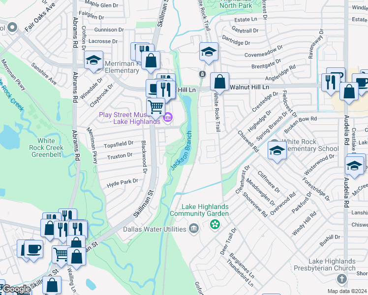 map of restaurants, bars, coffee shops, grocery stores, and more near 7098 Watercrest Parkway in Dallas