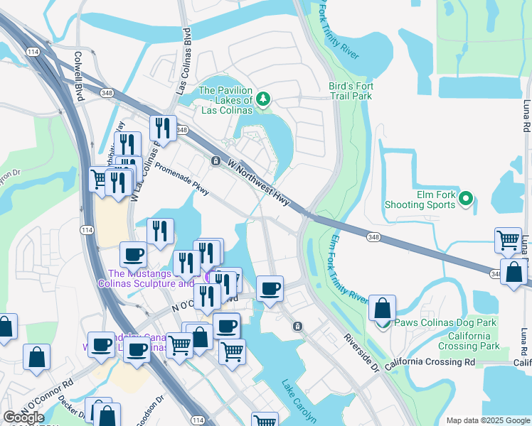 map of restaurants, bars, coffee shops, grocery stores, and more near 655 Promenade Parkway in Irving