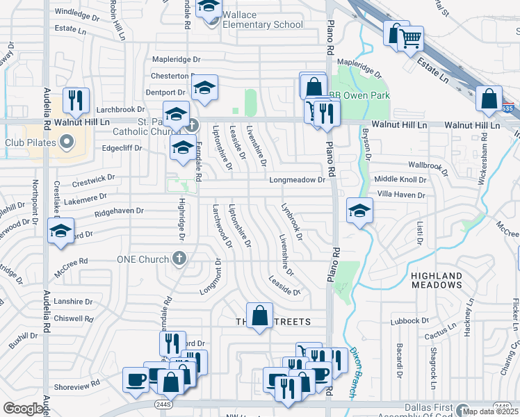 map of restaurants, bars, coffee shops, grocery stores, and more near 9304 Leaside Drive in Dallas